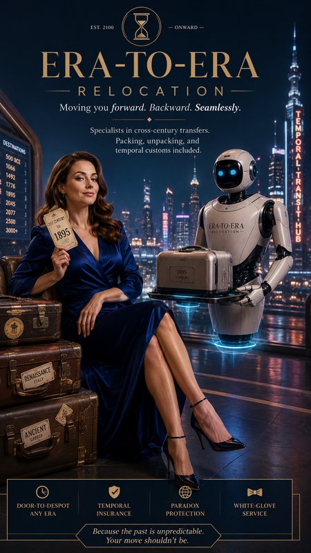 [Luxury retro-futurism ad for fictional time relocation service, woman with 1895 ticket beside robot porter, neon cyberpun...