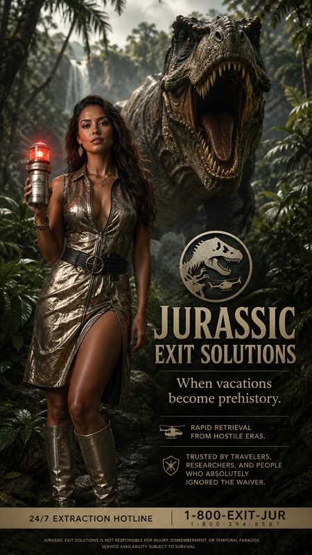 [Satirical Jurassic Exit Solutions ad, confident woman holding emergency beacon, roaring T-Rex behind her in dense prehist...