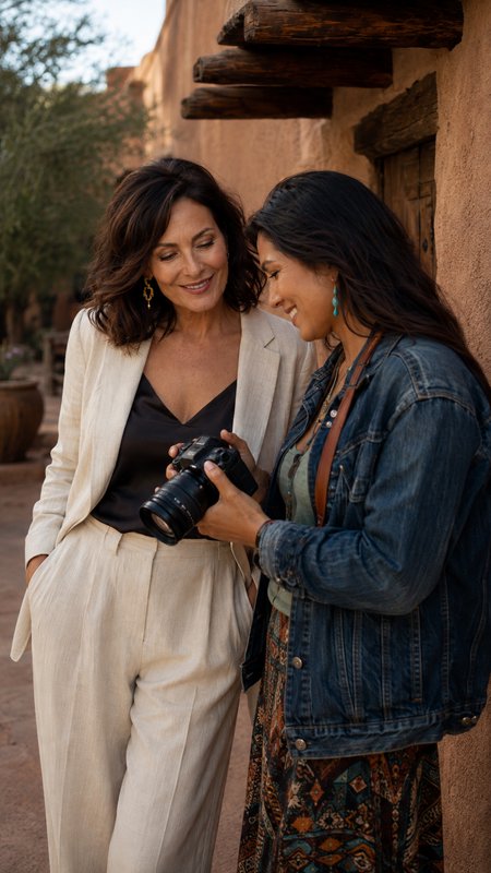 Two smiling women review photos on a DSLR camera while standing outside a rustic southwestern adobe building at golden hour.