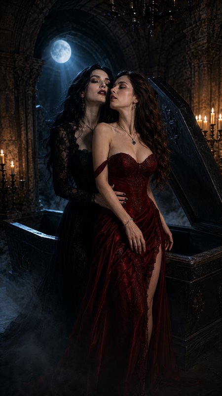 Two elegant vampire women embrace beside an open ornate coffin in a moonlit gothic crypt lit by flickering candlelight.
