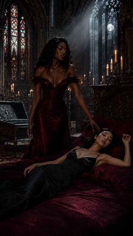 Standing woman in burgundy gown rests a hand near a sleeping woman on red velvet bed in a moonlit candlelit gothic chamber.
