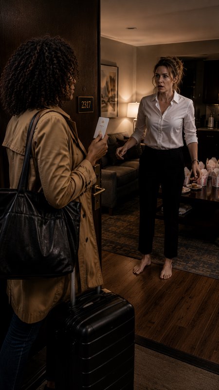 Woman with rolling suitcase holds keycard at room 2317 door, surprised barefoot woman stands inside facing her.