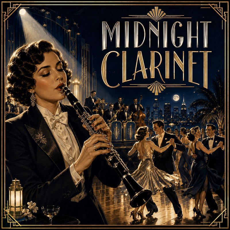 [Art Deco "Midnight Clarinet" album cover, featuring a 1920s flapper playing clarinet at a glamorous jazz age ballroom]