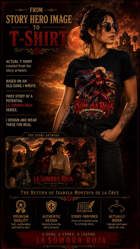 Promo poster for La Sombra Roja fantasy graphic t-shirt, showing a model wearing the design, story artwork, and product
