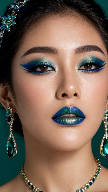 Close-up beauty portrait of a woman with bold teal blue makeup, matching emerald sapphire jewelry against a dark teal