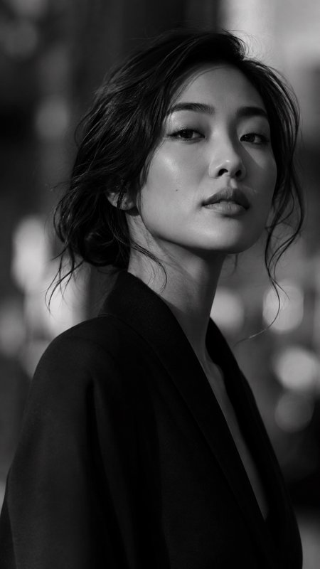 [Black and white close-up portrait of elegant East Asian woman with tousled updo, blurred bokeh urban background]