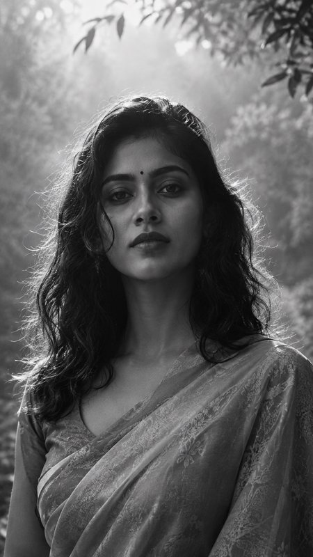 [Black and white portrait of a South Asian woman with a bindi, wearing a saree in a sunlit hazy forest]