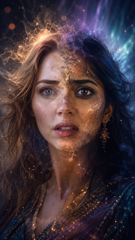 Surreal fantasy portrait of a split woman, with glowing golden and purple cosmic energy framing her face.