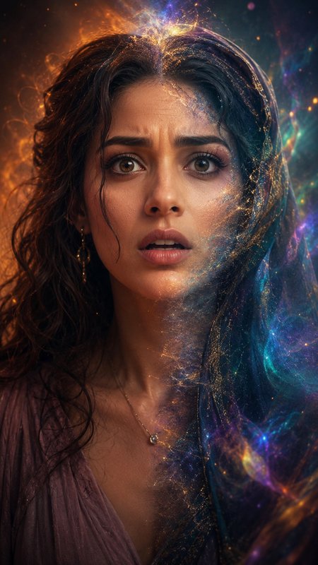 [Close-up portrait of a wide-eyed surprised woman with half her form merging into shimmering multicolored cosmic nebula en...