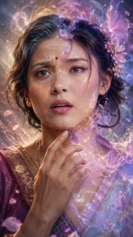 [Portrait of concerned middle-aged South Asian woman wreathed in glowing purple ethereal magic, with floral hair accessori...