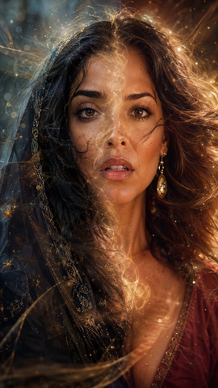Closeup portrait of a mystical woman with swirling golden magic wisps, windblown hair, warm dramatic cinematic lighting