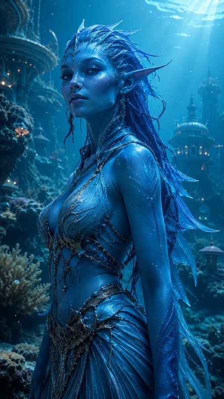 [Regal blue-skinned aquatic elf stands among sunlit glowing ancient underwater city ruins]