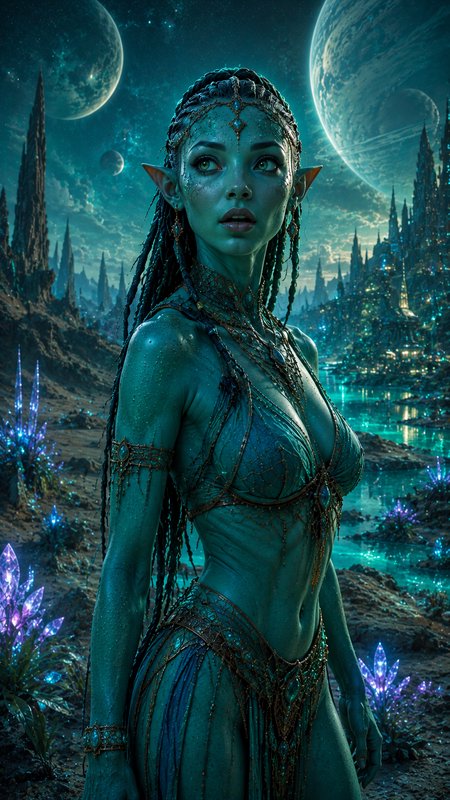 [Teal-skinned elven alien woman stands on a bioluminescent alien world, with glowing crystals, distant spired city, and pl...