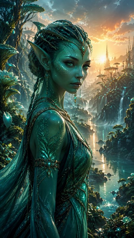 [Regal glittering green-skinned elven queen stands before a bioluminescent fantasy kingdom at golden sunset]