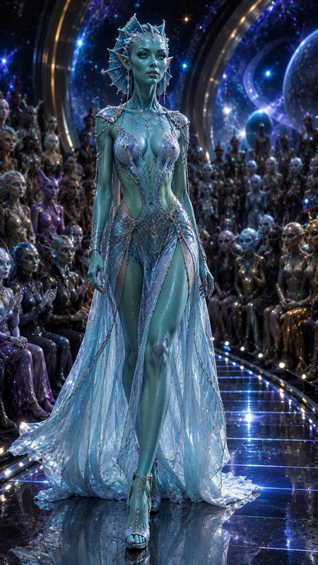 Teal aquatic alien model in an iridescent crystal gown walks a glossy futuristic runway at an intergalactic fashion show