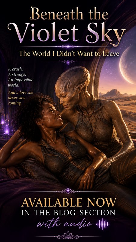 Promotional book cover for Beneath the Violet Sky showing a tender human-alien couple overlooking a purple alien desert