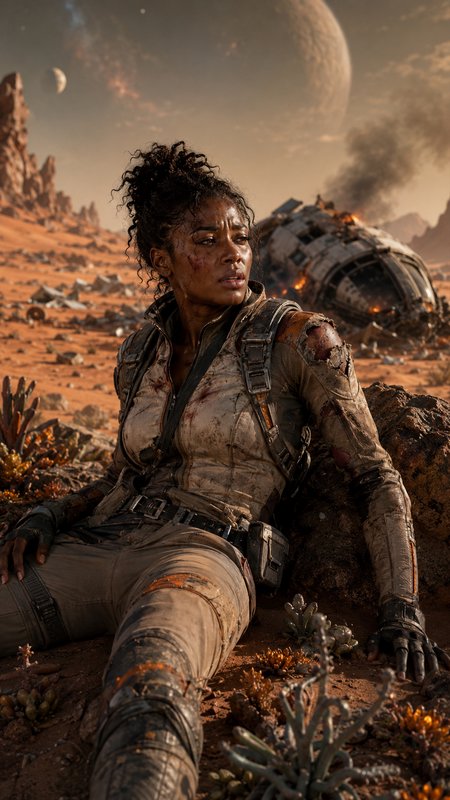 Injured female astronaut rests on an alien desert beside a burning crashed spaceship, with large planets visible in the