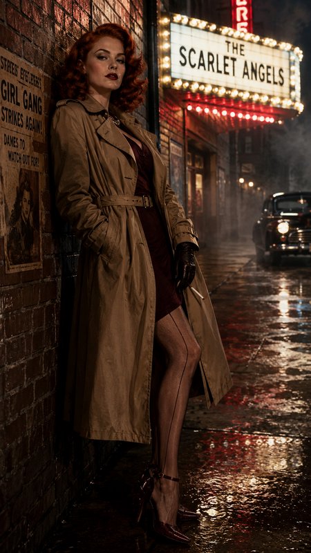 [Glamorous red-haired femme fatale in trench coat leans on wet brick wall outside vintage lit theater on rainy noir city s...