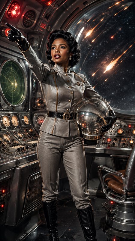 Black female retro-futurist starship captain points while holding a helmet inside a vintage spaceship bridge, streaking