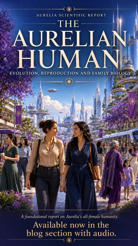 Book cover for The Aurelian Human, depicting a bright futuristic utopian city promenade with groups of women walking