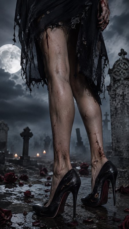 [Close-up of bloodied undead legs in torn stiletto heels, standing in a misty graveyard under a glowing full moon]