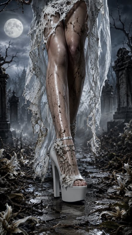 [Close-up of ghost bride's muddy legs in tattered lace dress walking misty full moon graveyard at night]