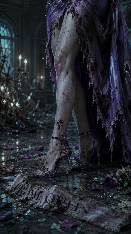[Close-up of decaying zombie prom queen legs in tattered purple gown, standing over a torn sash in a ruined candlelit ball...