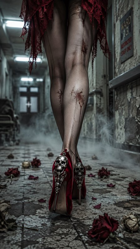 [Low angle shot of a ghostly figure in skull stiletto heels standing in a foggy abandoned Ward 13 asylum hallway]