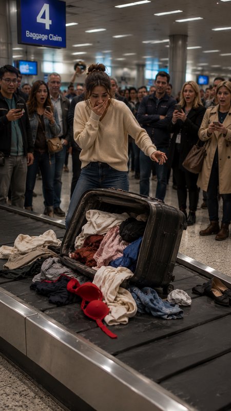 A distressed woman reacts to her spilled, damaged suitcase on airport baggage claim carousel 4 as onlookers watch and film.