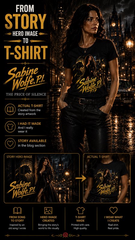 Promo graphic for Sabine Wolfe P.I. custom graphic t-shirt, showing the transition from original story artwork to