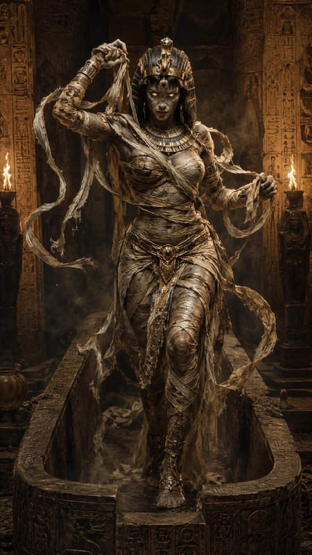 [Undead ancient Egyptian mummy queen rising from a carved stone sarcophagus in a torch-lit hieroglyph-covered tomb]
