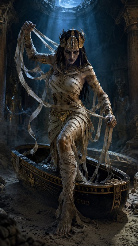 Undead Egyptian mummy queen emerges from a gilded sarcophagus, holding tattered bandages in a moonlit ancient tomb.