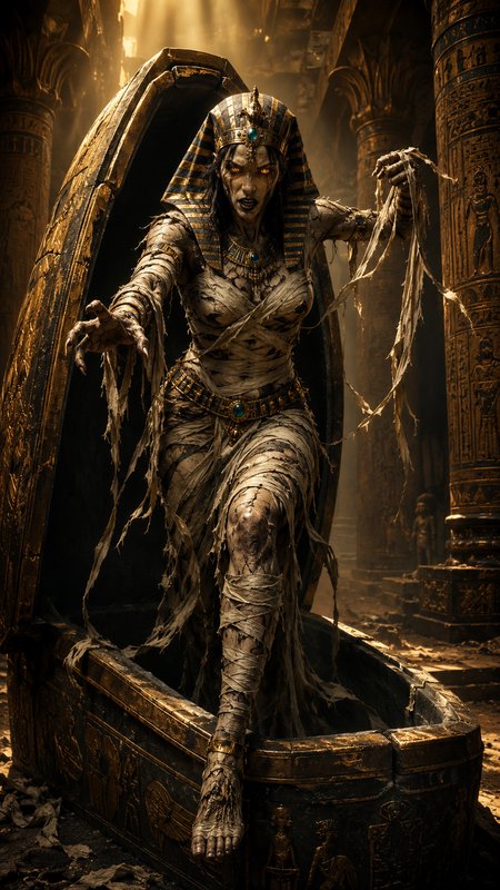 Menacing undead Egyptian mummy queen climbs out of an ornate gilded sarcophagus in a sunlit ancient tomb.