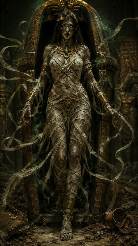 Undead female ancient Egyptian mummy queen emerging from an ornate golden sarcophagus in a dark tomb setting