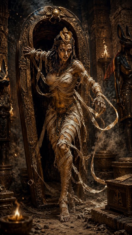 Undead female Egyptian mummy emerging from an ornate gilded sarcophagus inside a torch-lit ancient stone tomb flanked by A...
