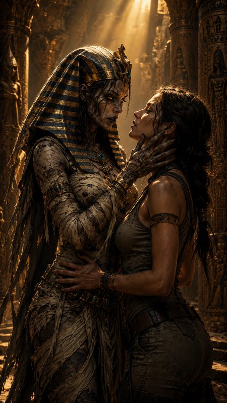 Undead Egyptian mummy queen holds a female adventurer face-to-face inside a sunlit ancient carved stone tomb