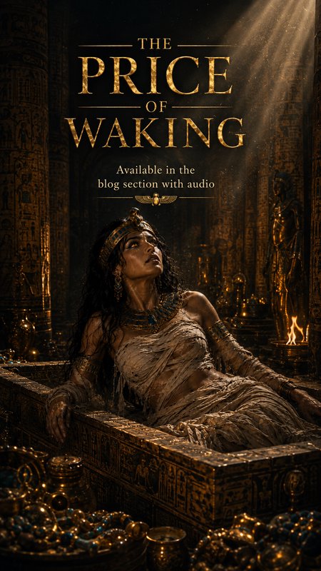 The Price of Waking fantasy cover, revived ancient Egyptian queen rising from an ornate gilded tomb sarcophagus