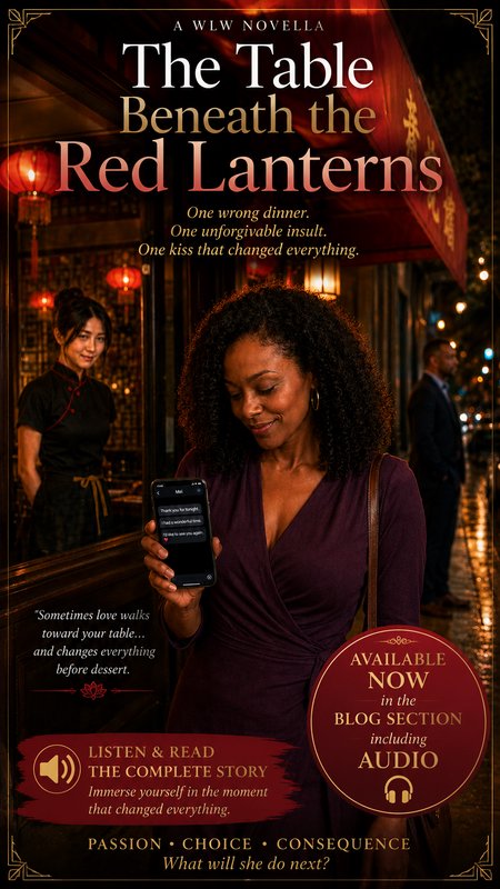 Promotional cover for WLW novella "The Table Beneath the Red Lanterns", showing a woman outside a lantern-lit Chinatown