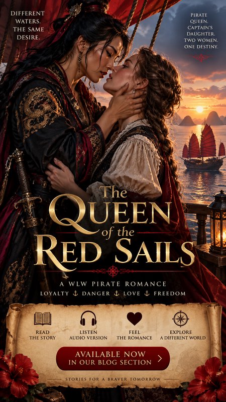 Book cover art for "The Queen of the Red Sails", featuring an intimate embrace between two women on a pirate ship deck