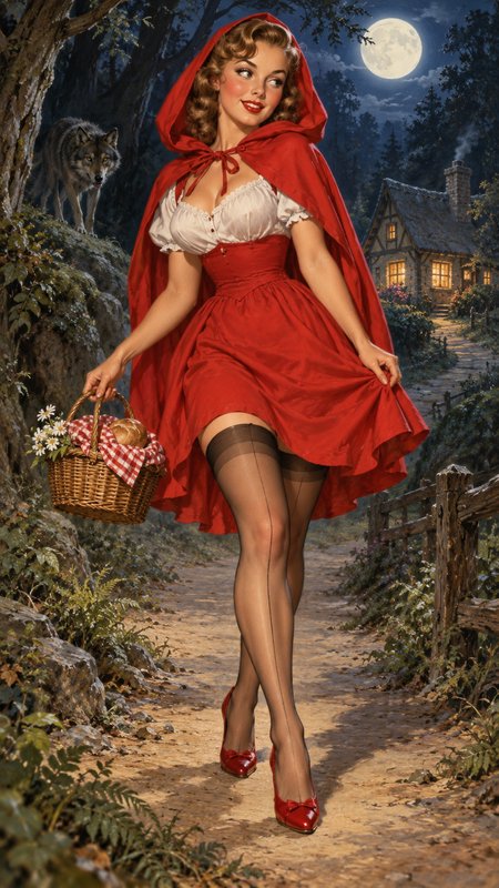 [Glamorous pinup Little Red Riding Hood holds a picnic basket, as a wolf watches from a moonlit forest path beside a cozy ...