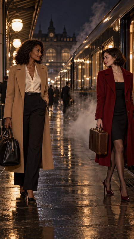 [Two stylish women with leather luggage stand on a wet vintage train platform beside a steam train at night, sharing a qui...
