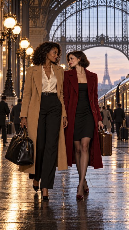 [Two fashionable women walk through an ornate Paris train station, with the Eiffel Tower visible in the background at dusk.]