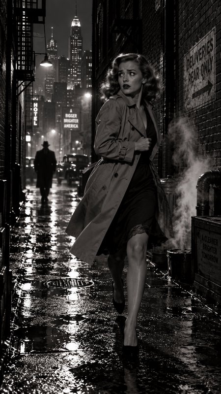 Film noir shot of a worried woman in a trench coat fleeing a shadowy pursuer down a rain-slicked 1940s city alley at night.