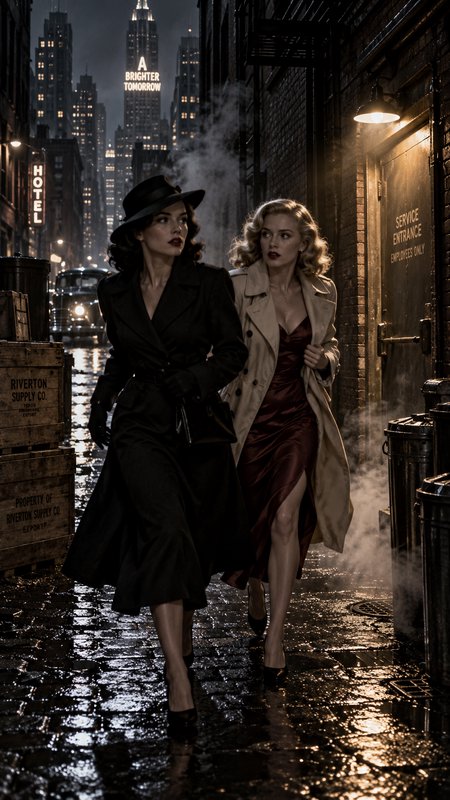[Two stylish women in 1940s noir attire walk through a foggy, rain-soaked city alley at night, vintage skyscraper skyline ...