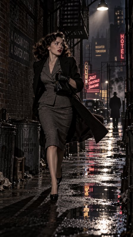Wary 1940s woman rushes down a rain-soaked dark city alley, silhouetted mysterious figure looms in the background