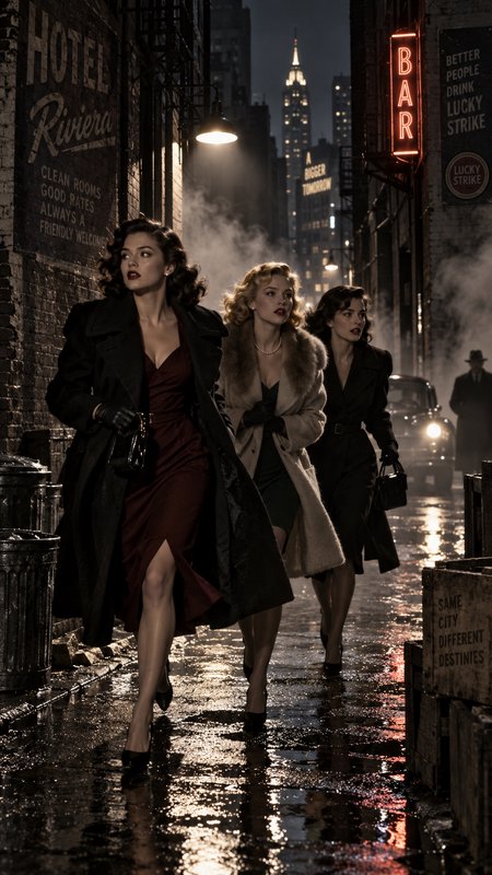 Three women in 1940s vintage attire walk through a foggy, rain-slicked city alley at night in film noir style