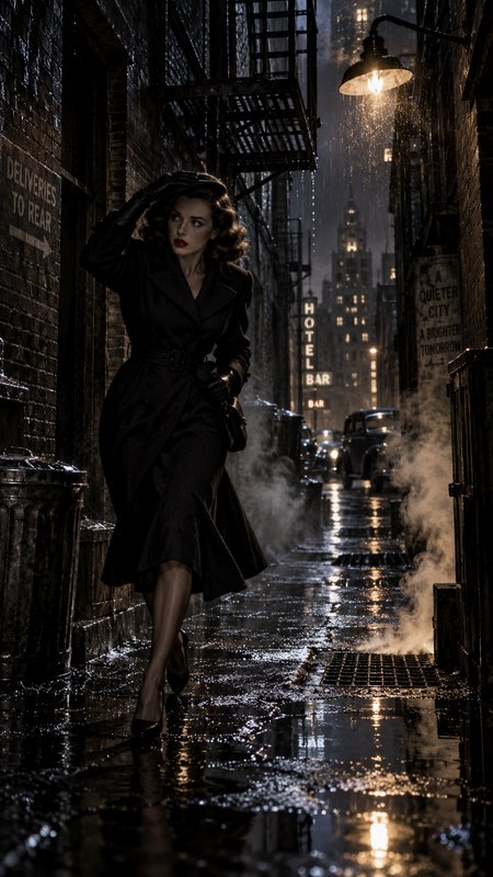 [Film noir femme fatale in a black trench coat walks through a rain-soaked 1940s city alley at night under a glowing stree...