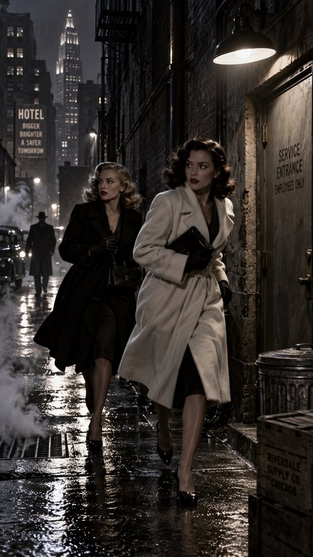 Two elegantly dressed 1940s women hurry warily down a rain-soaked city alley in a moody classic film noir night scene.