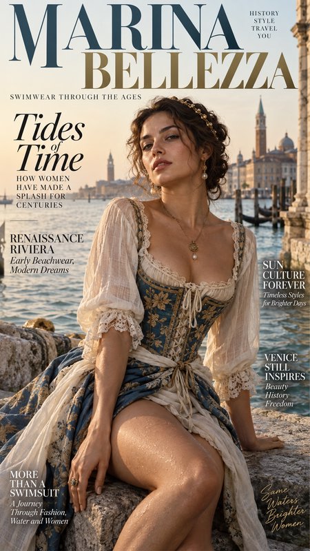 [Marina Bellezza fashion magazine cover, model in renaissance gown seated on Venice canal waterfront at golden sunset]