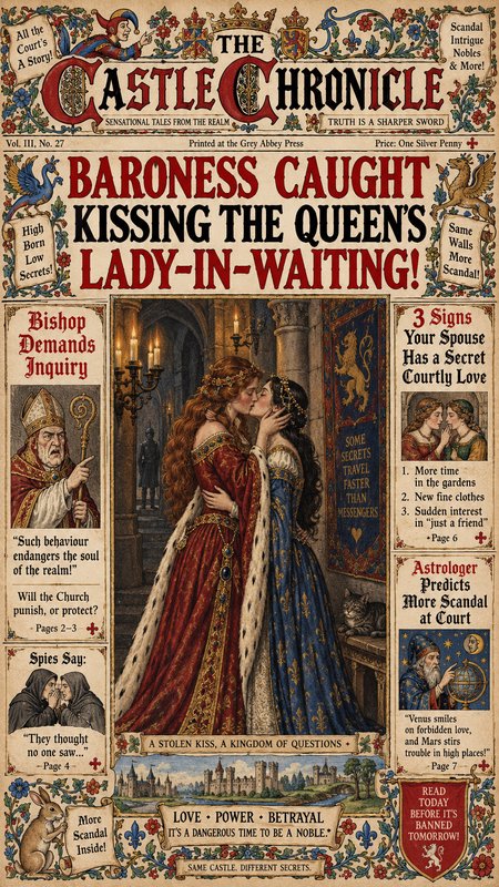 Faux medieval tabloid "The Castle Chronicle" front page, with central illustration of two noble women kissing under a